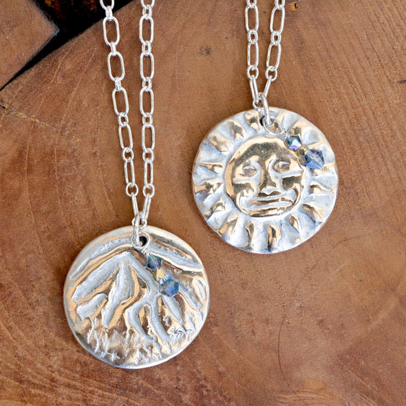 Mountain & Vintage Sun Two-Sided Pendant/Necklace-Bronze & Sterling Silver