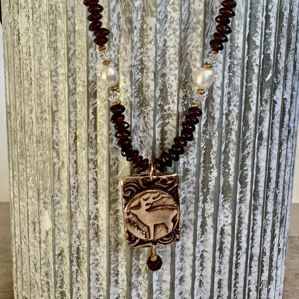 Garnet & Pearl Elk Necklace