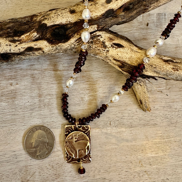 Garnet & Pearl Elk Necklace