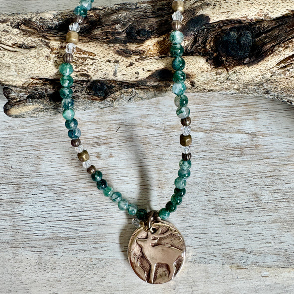 Moss Agate Elk & Snowflake Necklace