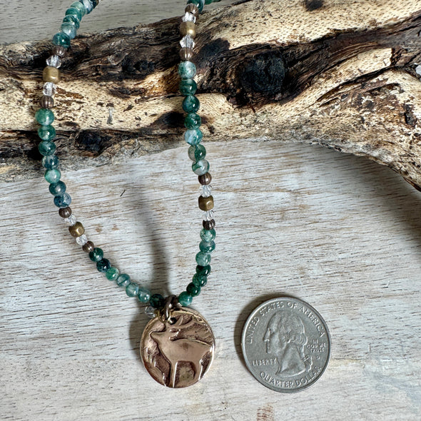 Moss Agate Elk & Snowflake Necklace