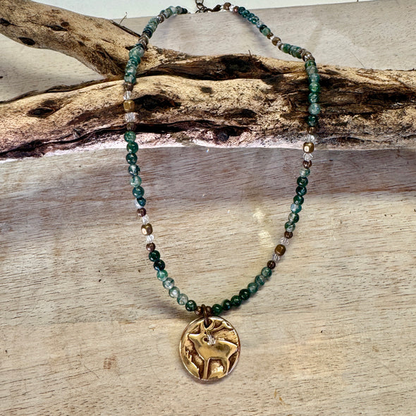 Moss Agate Elk & Snowflake Necklace