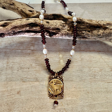 Garnet & Pearl Elk Necklace