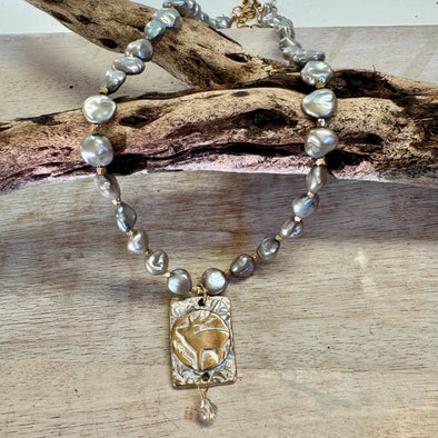 Silver Pearl Elk Necklace