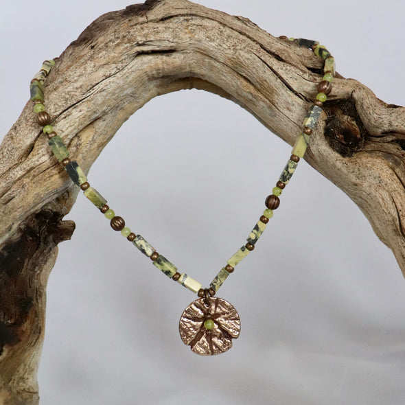 Serpentine Wood Round Necklace-Bronze/Gold