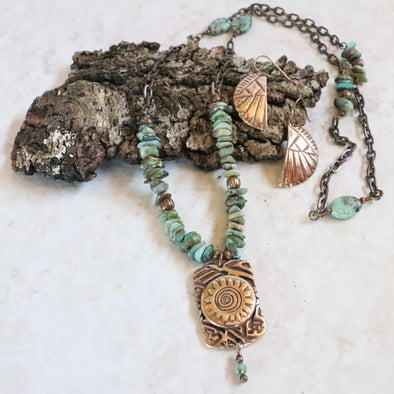 Long Aztec Sun Turquoise Necklace-Bronze