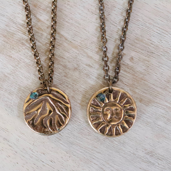 Mountain & Shining Sun Two Sided Pendant/Necklace-Bronze/Gold