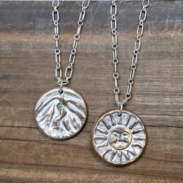 Mountain & Shining Sun Two Sided Pendant/Necklace-Silver/Bronze
