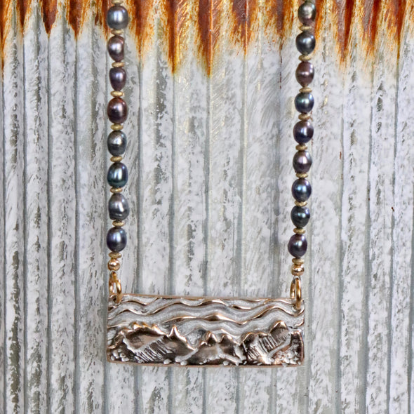 Mountain Range Necklace-Bronze & Peacock Pearls