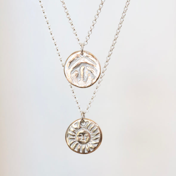 Mountain & Sun Two-Sided Pendant/Necklace-Silver/Bronze-Petite