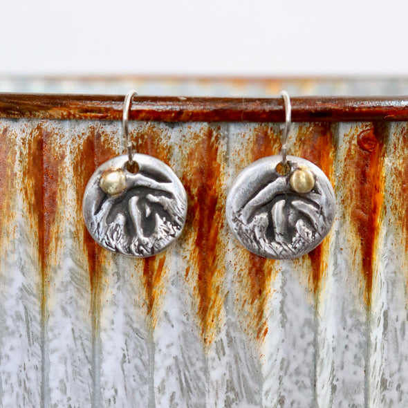 Mountain/Sun Round Sterling Silver Gold Earrings