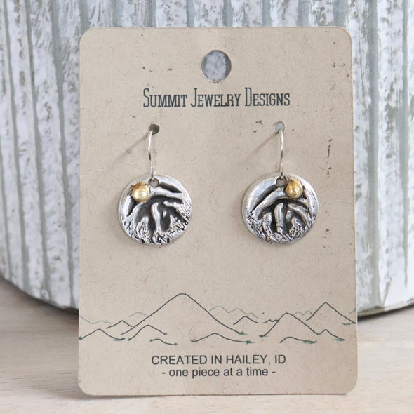 Mountain/Sun Round Sterling Silver Gold Earrings