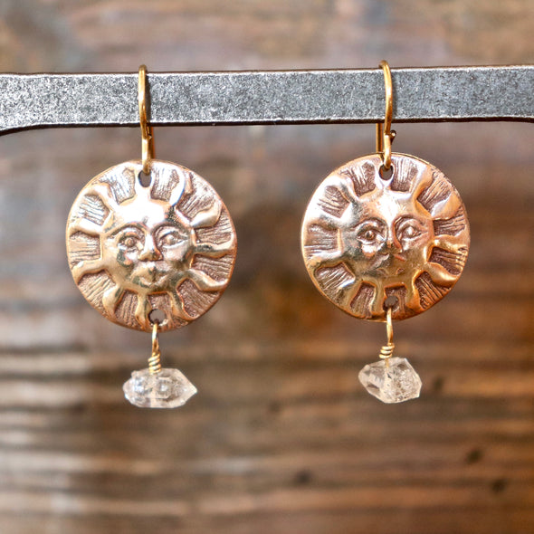 Shining Sun Earrings-Herkimer Diamond-Bronze/Gold