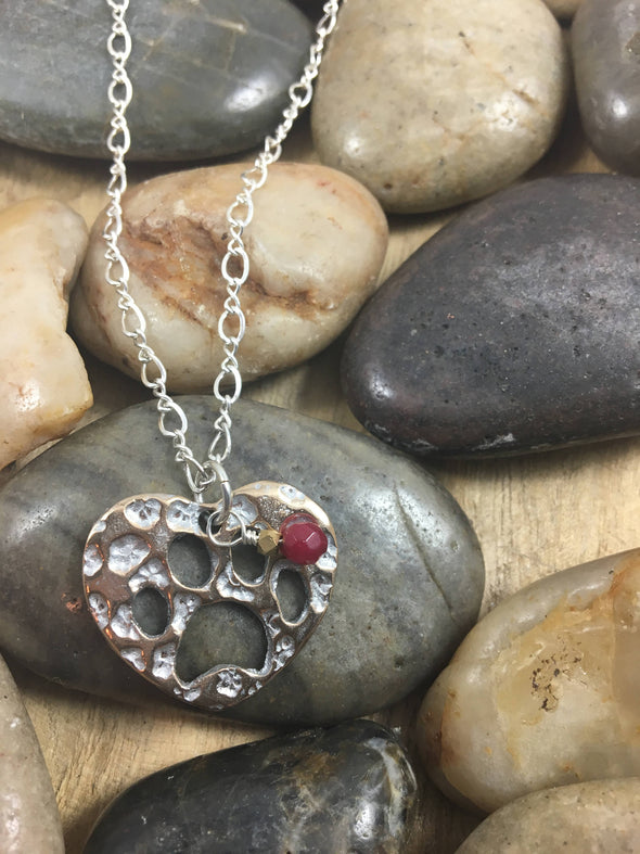 Paw Print Heart  Pendant/Necklace-Bronze/Sterling Silver/Ruby