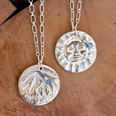 Mountain & Vintage Sun Two-Sided Pendant/Necklace-Bronze & Sterling Silver