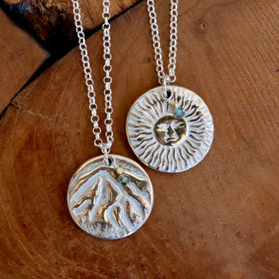 Mountain & French Sun Two Sided Pendant Necklace-Bronze & Sterling Silver