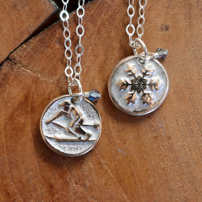 Ski & Snow Flake Two-Sided Necklace-Bronze & Sterling Silver