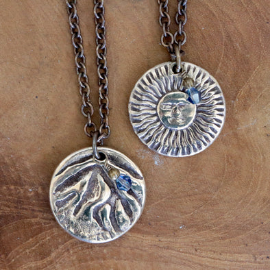 Mountain & French Sun Two Sided Pendant/Necklace-Bronze/Gold