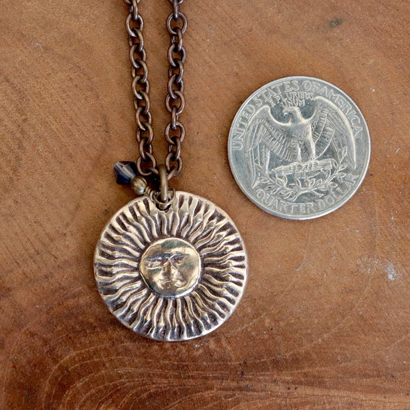 Mountain & French Sun Two Sided Pendant/Necklace-Bronze/Gold
